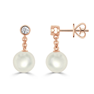 14K Gold Diamond & Pearl Dangle Earrings