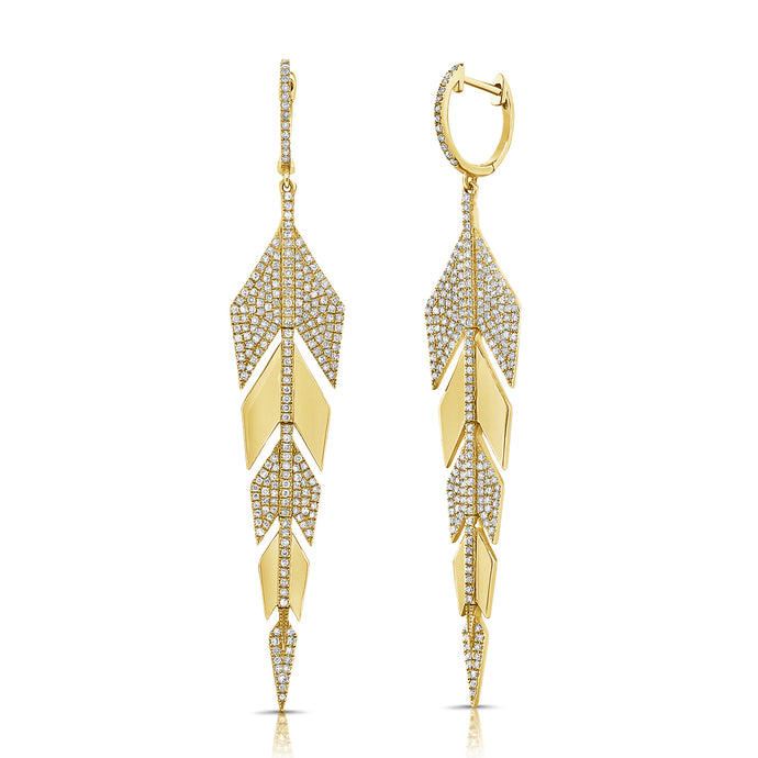 14K Gold Diamond Drop Feather Earrings