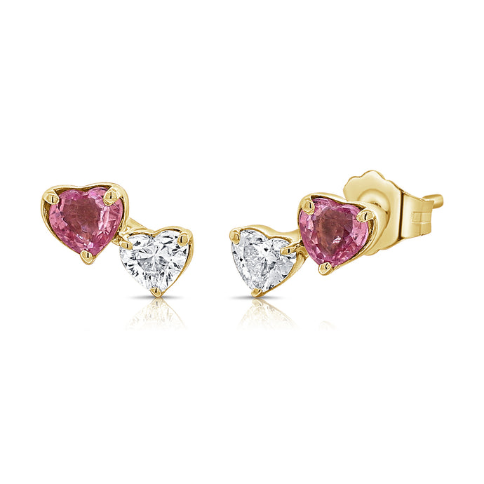 14K Gold Pink Sapphire & Diamond Heart Stud Earrings