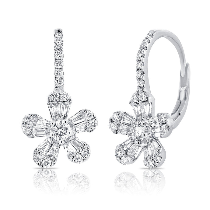 14K Gold Baguette Diamond Flower Earrings