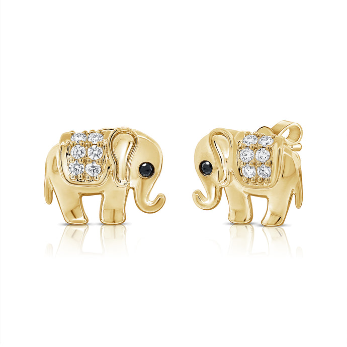 14K Gold Diamond & Onyx Elephant Earrings