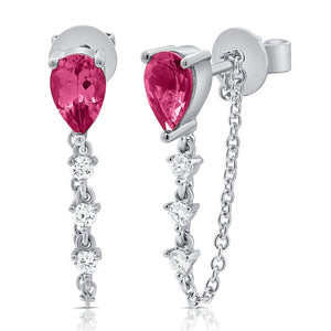 14K Gold Pink Sapphire & Diamond Dangle Stud Chain Earrings