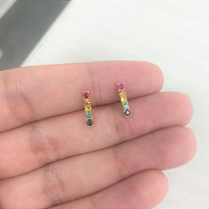 14k Gold & Rainbow Sapphire Bar Stud Earrings