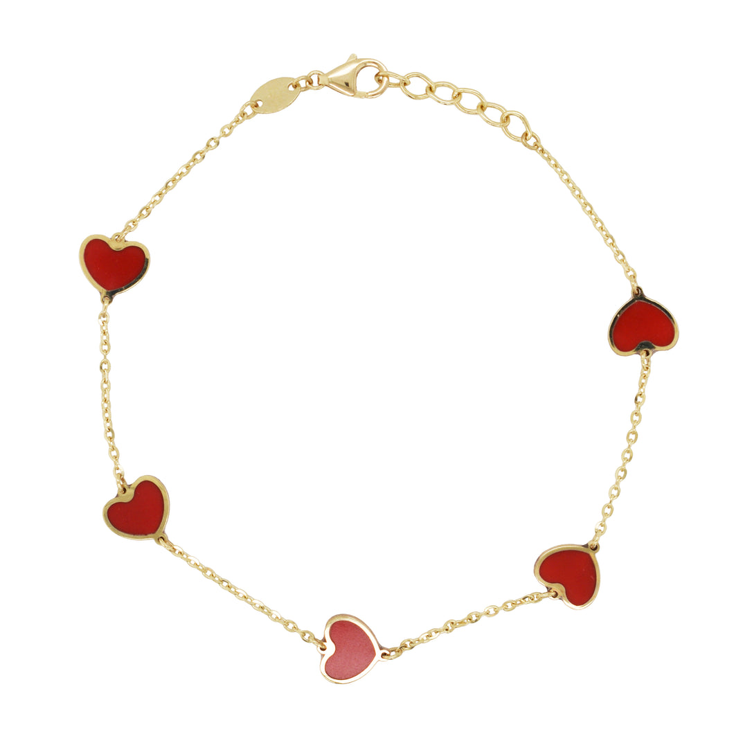 14K Gold Station Heart Coral Bracelet