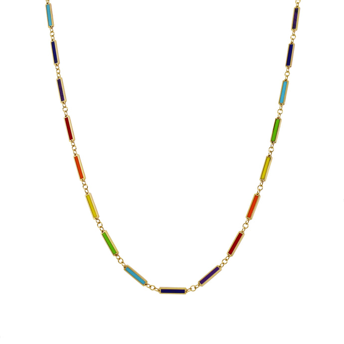 14K Gold & Rainbow Inlay Bar Necklace