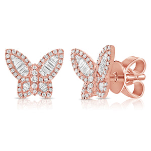 14k Gold & Baguette Diamond Butterfly Stud Earrings