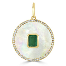 Load image into Gallery viewer, 14k Gold Mother of Pearl, Green Emerald &amp; Diamond Circle Charm