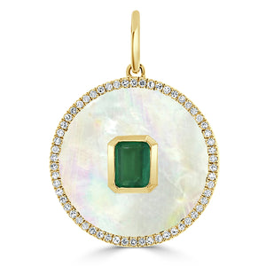 14k Gold Mother of Pearl, Green Emerald & Diamond Circle Charm