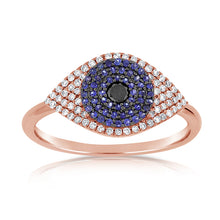 Load image into Gallery viewer, 14K Gold Diamond Sapphire &amp; Black Diamond Evil Eye Ring