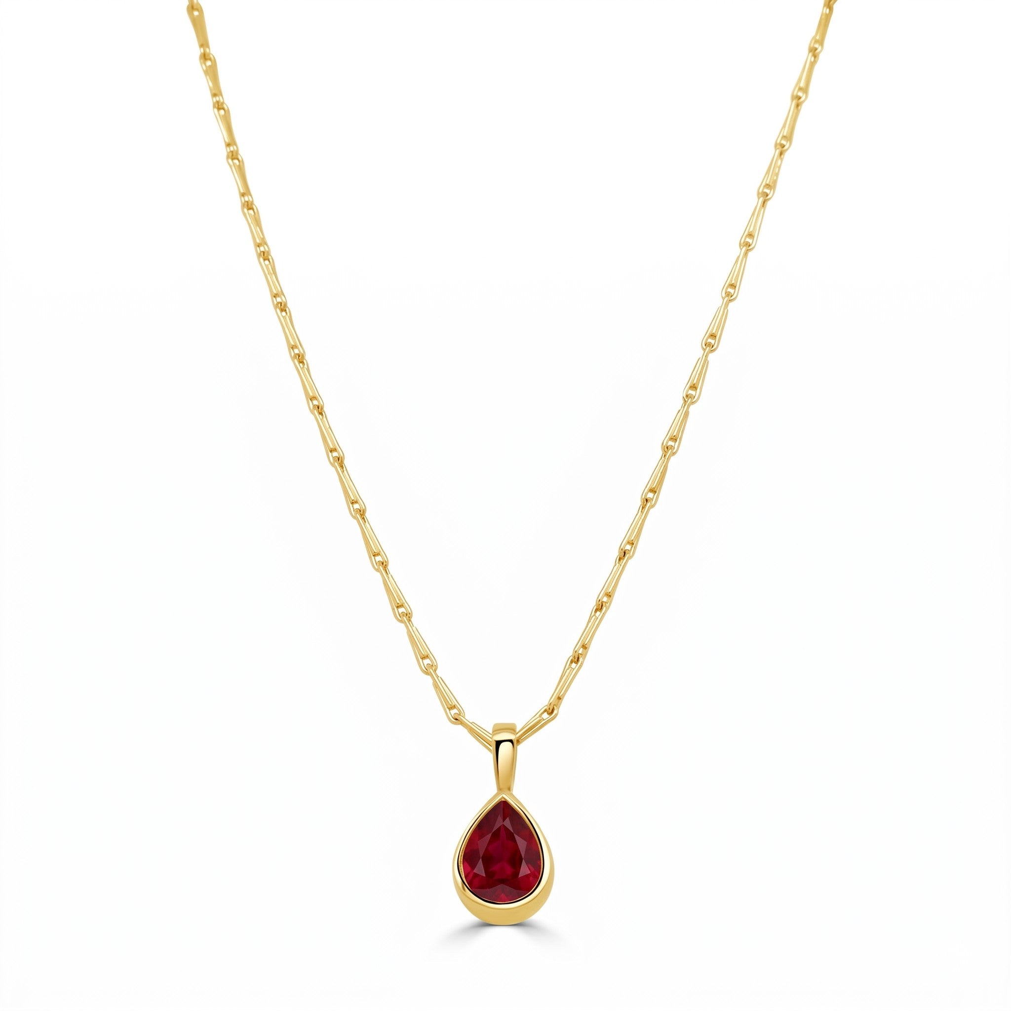 14K Gold Ruby Pear Shape Bezel Pendant Necklace- 1.60 CT