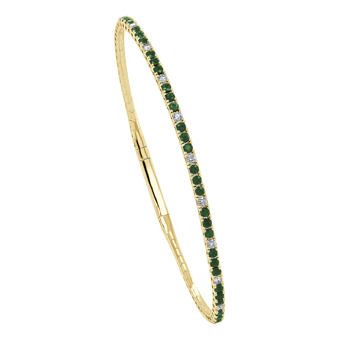 14K Gold Diamond & Emerald Alternating Flexible Bangle