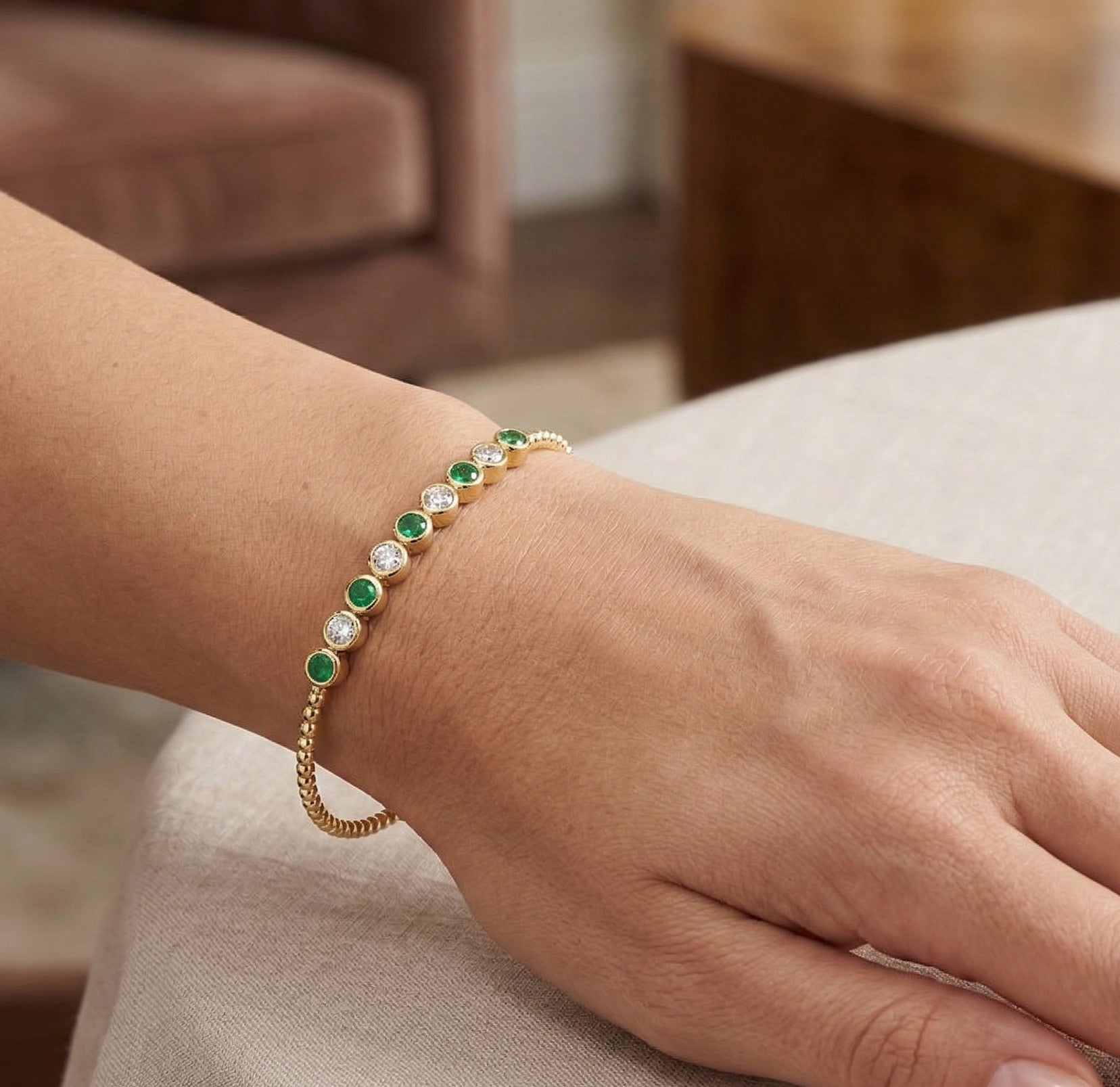 14K Gold Flexible Beaded Diamond & Emerald Bangle - 0.43 CT