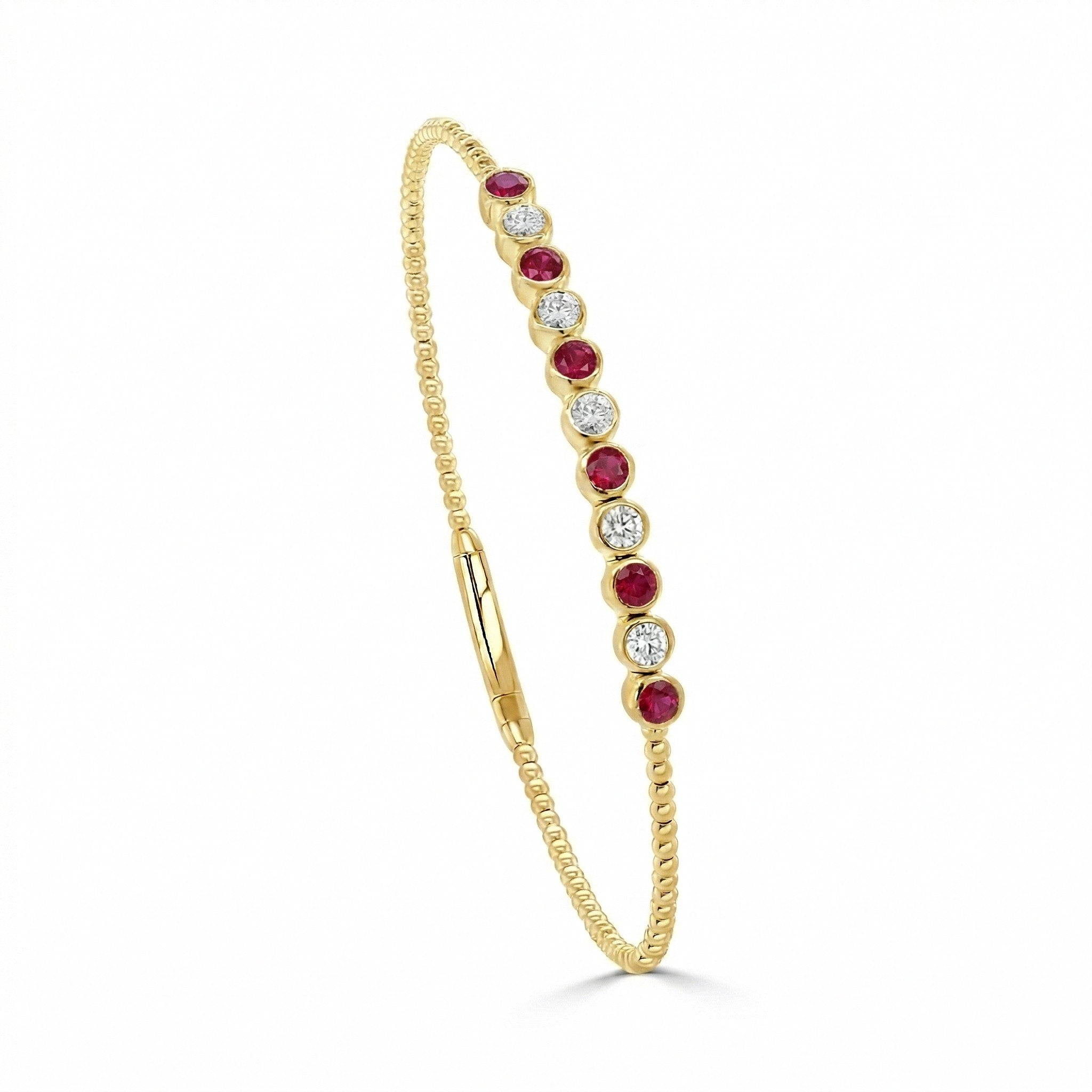 14K Gold Flexible Beaded Diamond & Ruby Bangle - 0.43 CT