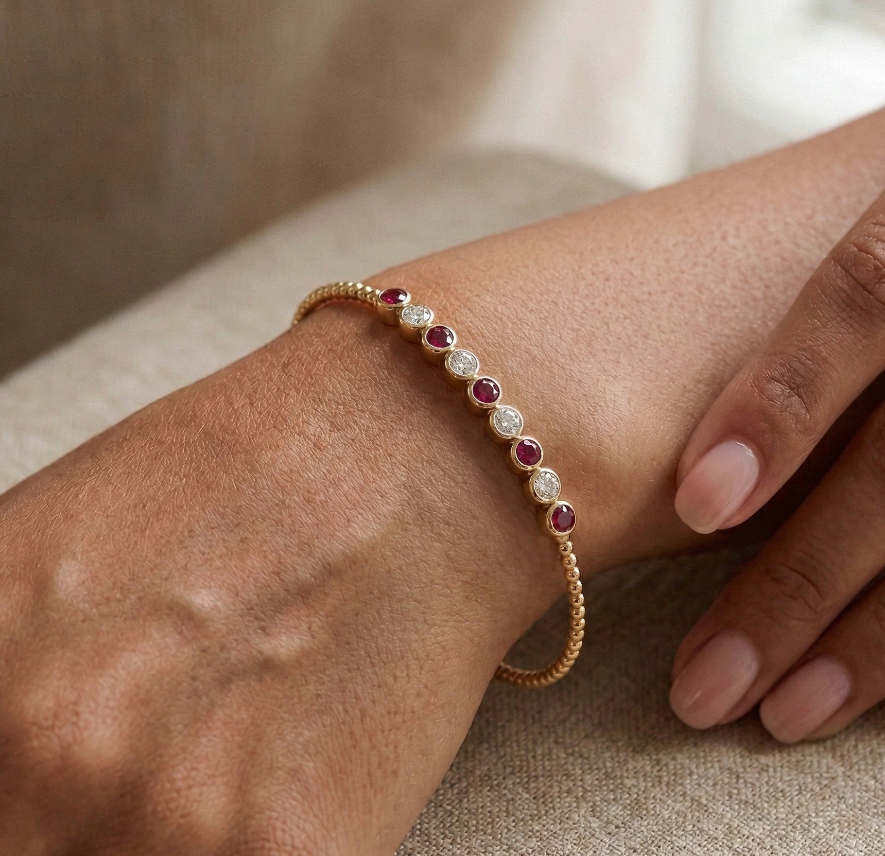 14K Gold Flexible Beaded Diamond & Ruby Bangle - 0.43 CT
