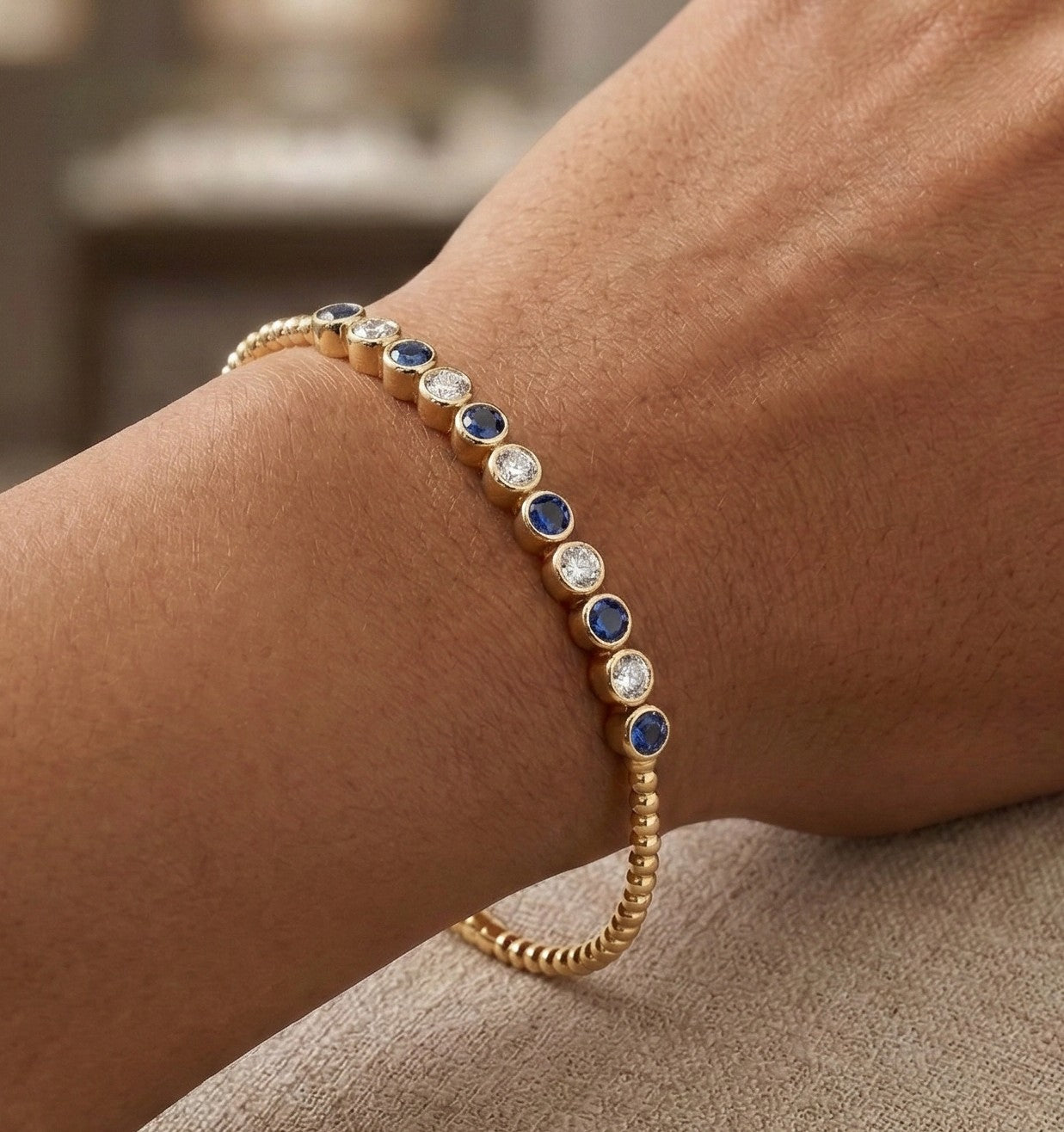 14K Gold Flexible Beaded Diamond & Sapphire Bangle - 0.43 CT