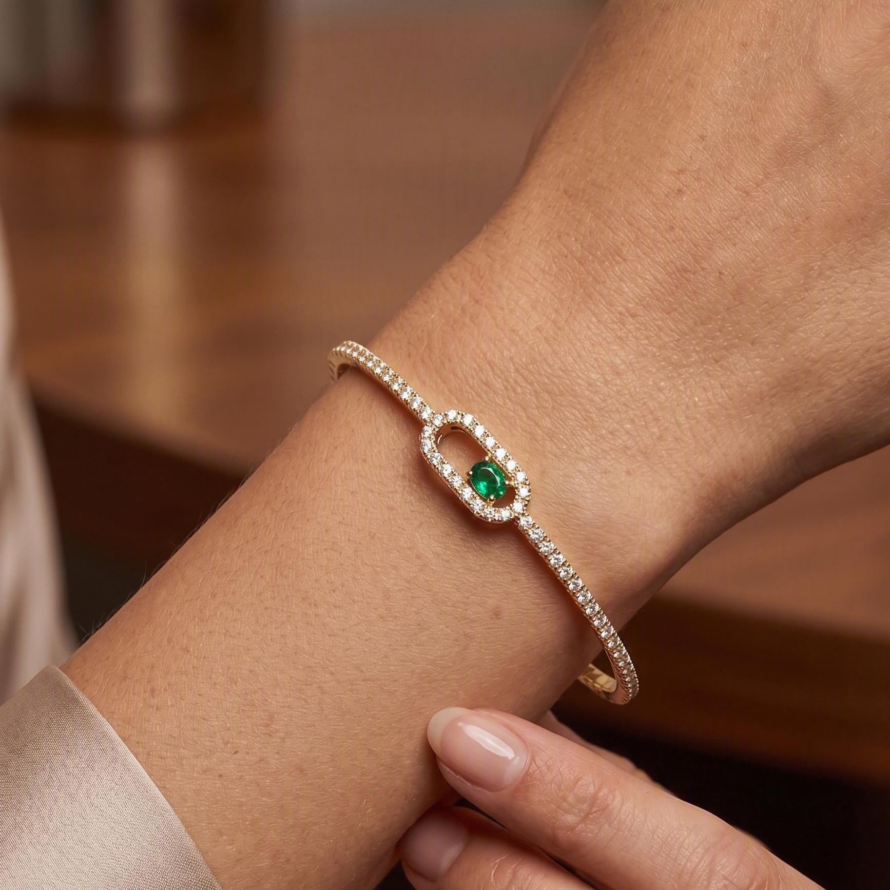 14K Gold Emerald & Diamond Flexible Bangle