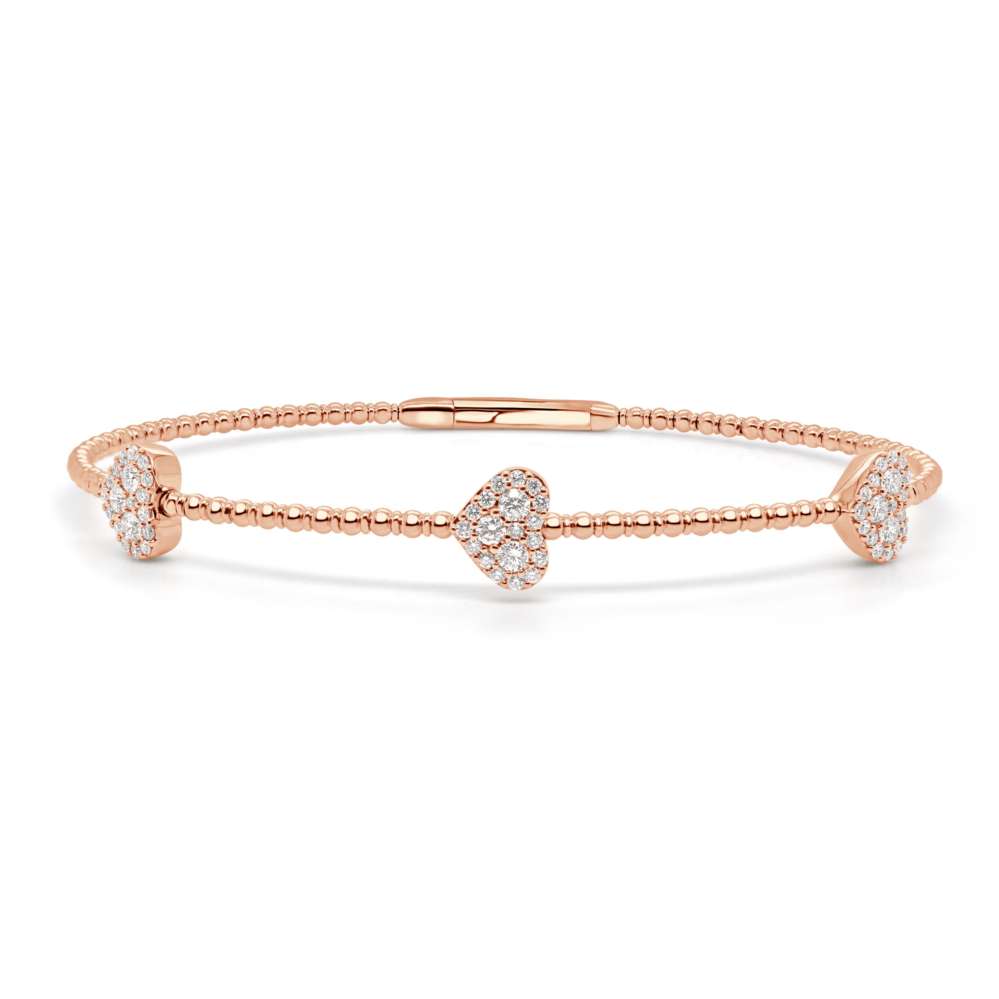 14K Gold Flexible Beaded & Diamond Heart Bangle - 0.55ct