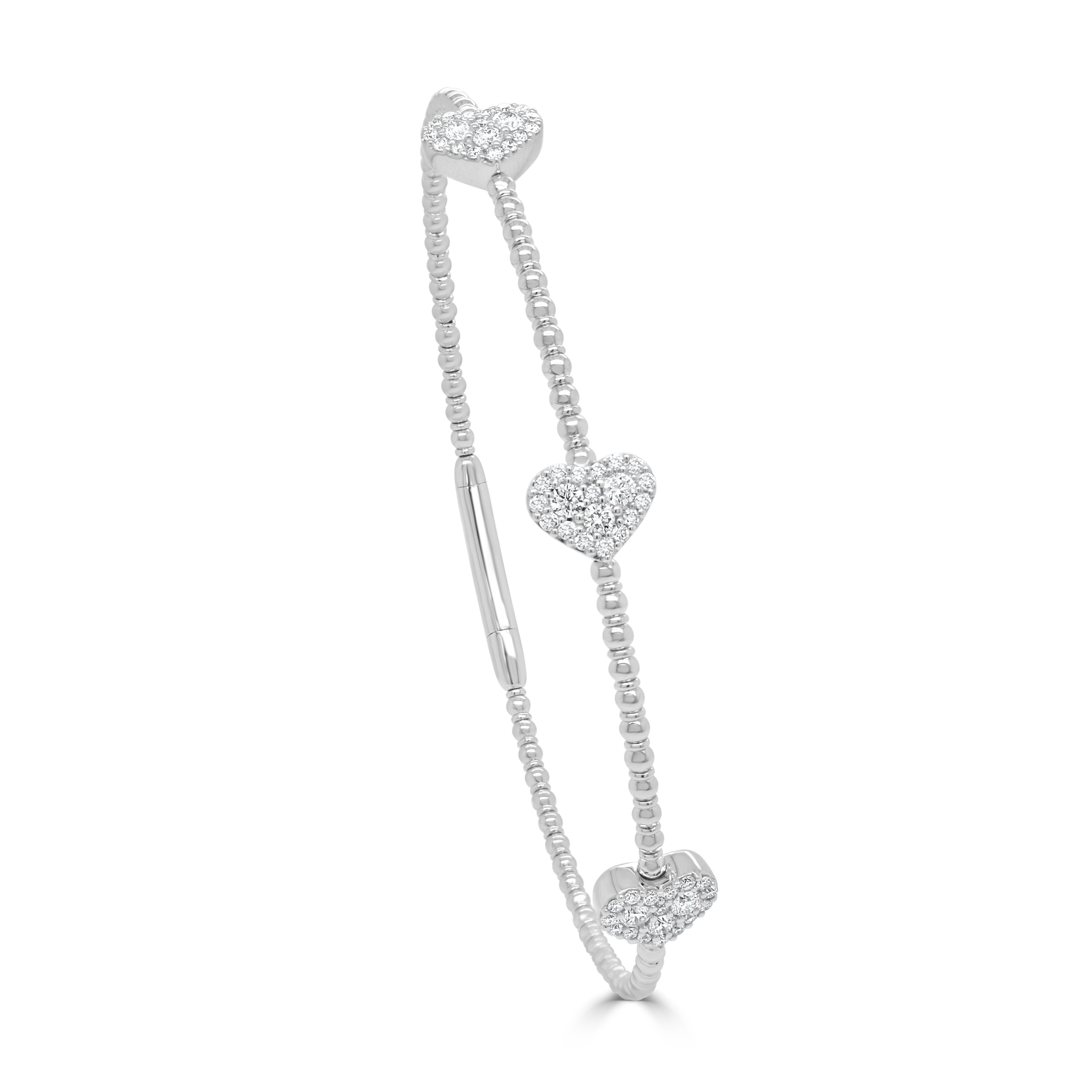 14K Gold Flexible Beaded & Diamond Heart Bangle - 0.55ct