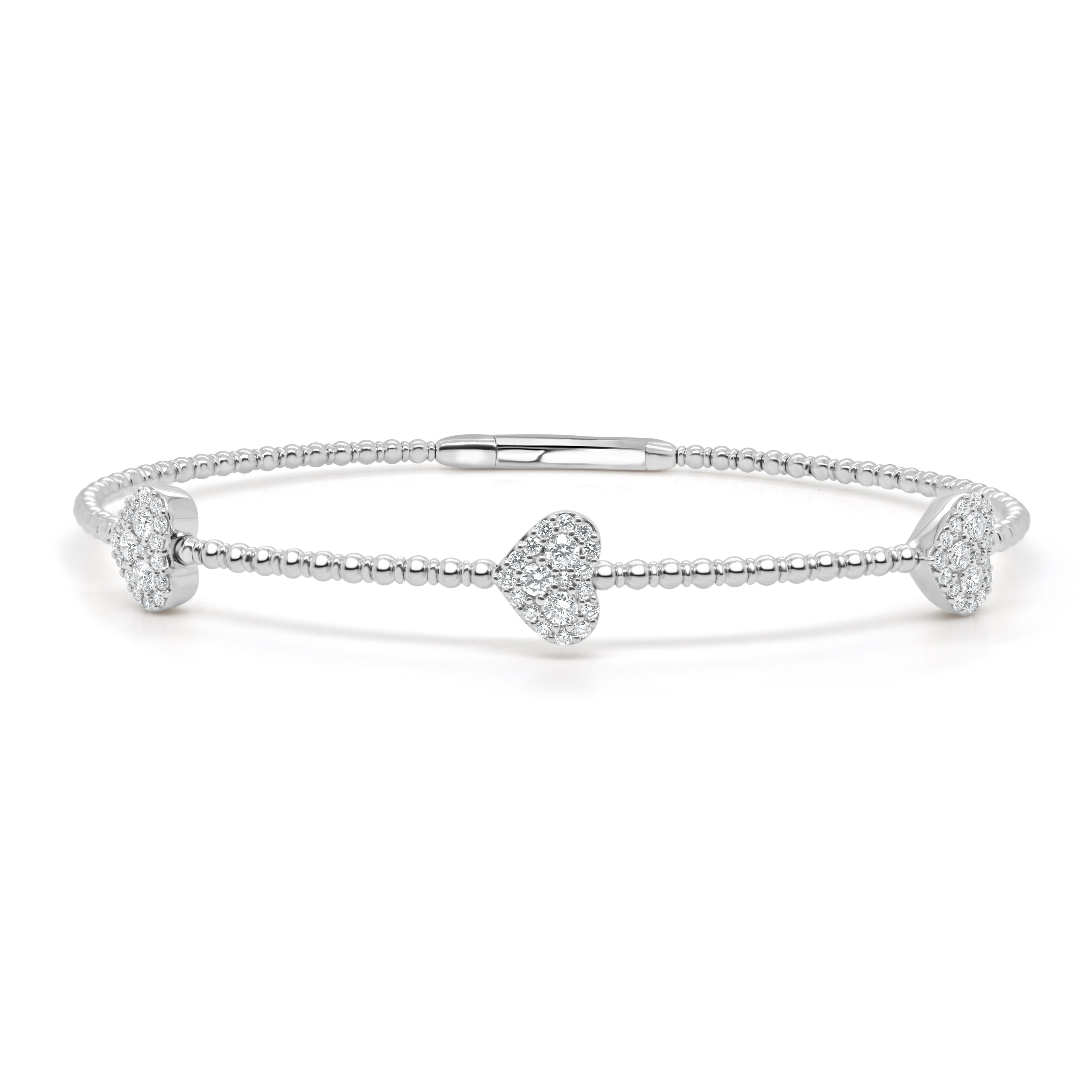 14K Gold Flexible Beaded & Diamond Heart Bangle - 0.55ct