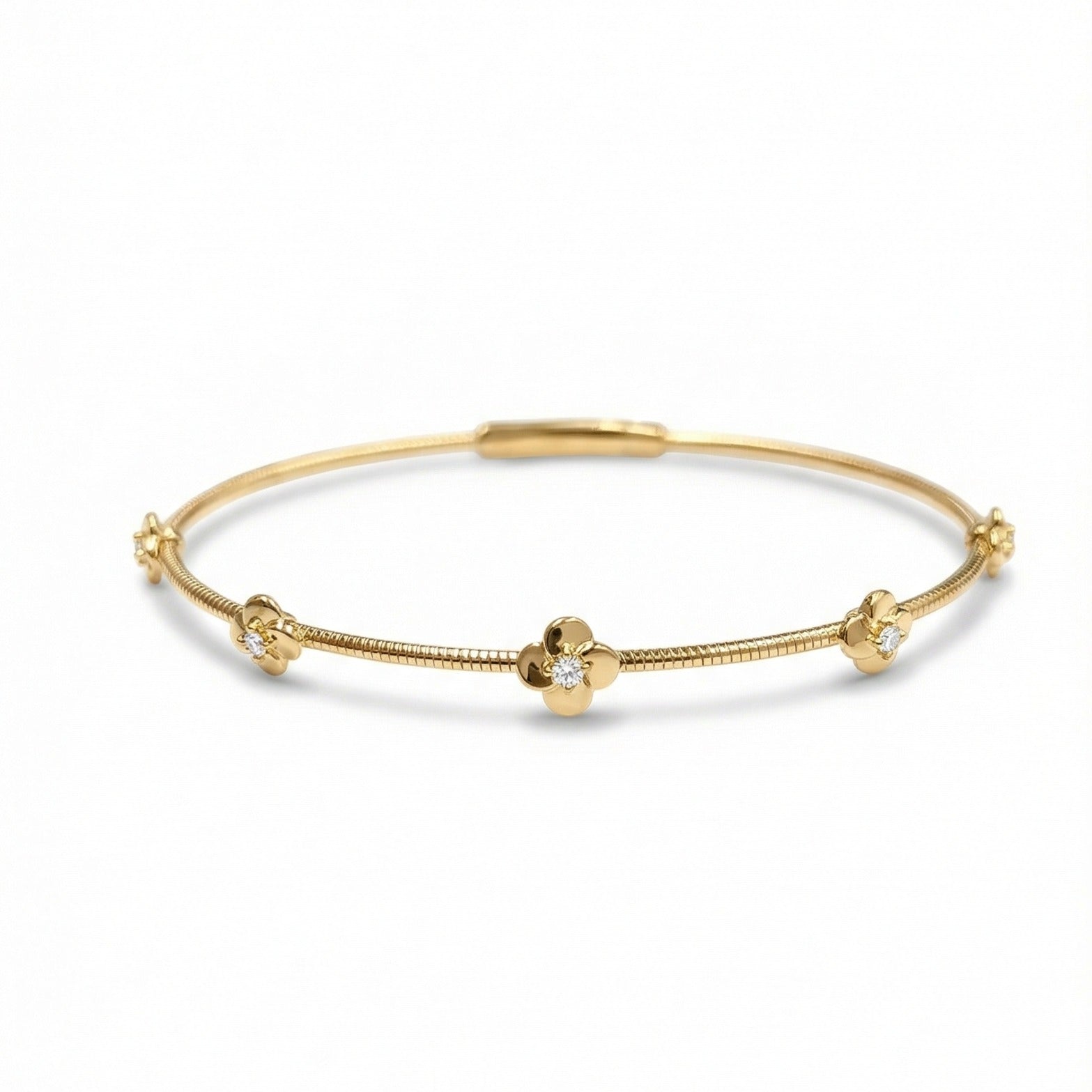 14K Gold Flexible Diamond Flower Station Bangle - 0.18 CT