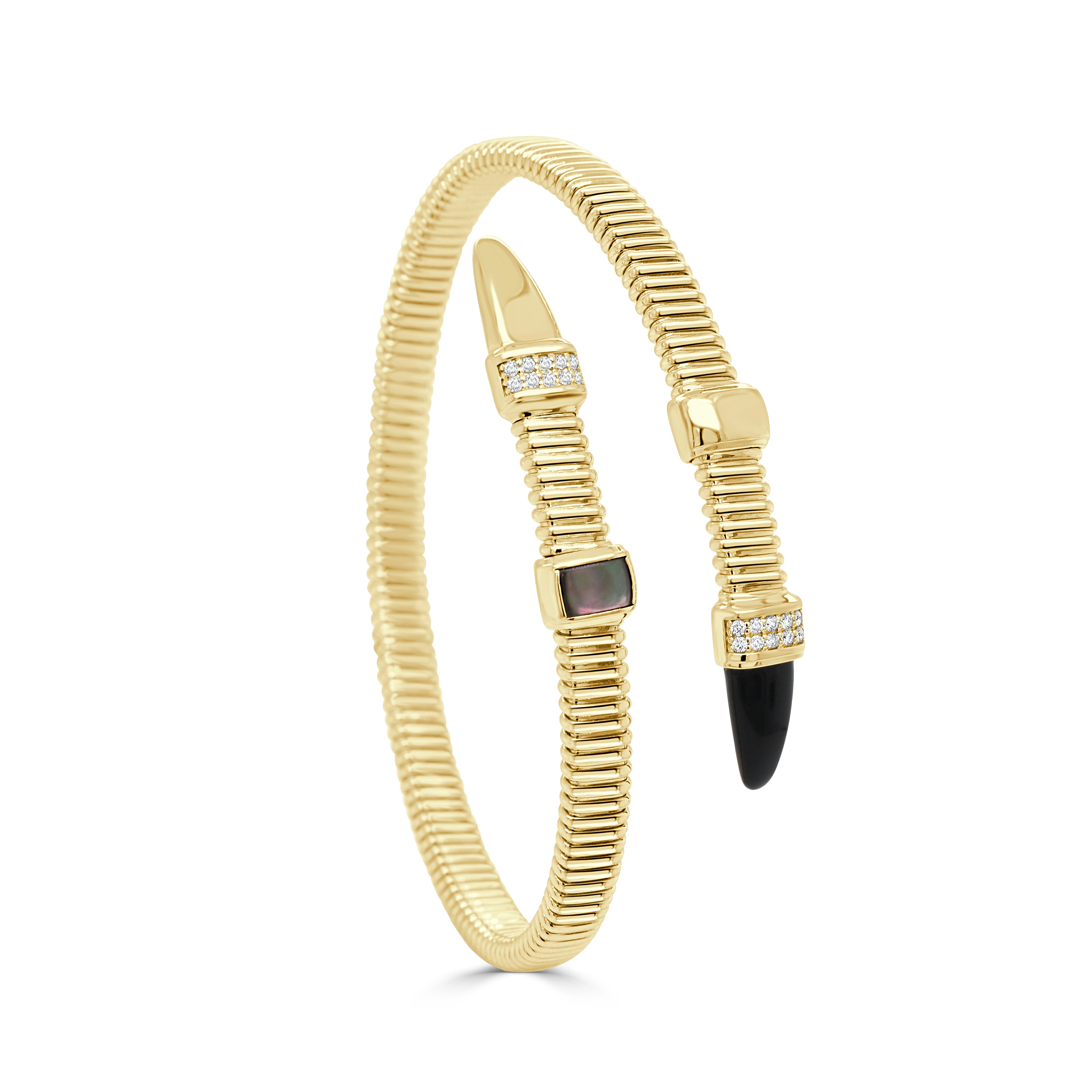14K Gold Diamond and Cabochon Wrap Flexible Bangle- 0.12 CT