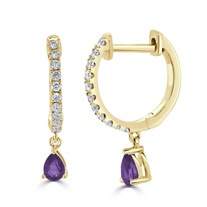 14K Gold Amethyst & Diamond Dangle Huggie Earrings