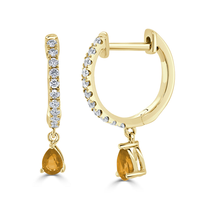 14K Gold Citrine & Diamond Dangle Huggie Earrings