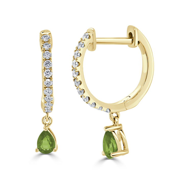 14K Gold Peridot & Diamond Dangle Huggie Earrings