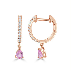 14K Gold Diamond & Pink Sapphire Huggie Dangle Earrings