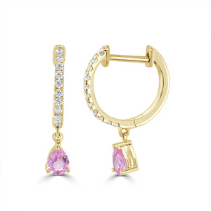 14K Gold Diamond & Pink Sapphire Huggie Dangle Earrings