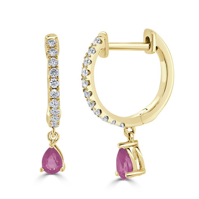 14K Gold Pink Tourmaline & Diamond Dangle Huggie Earrings