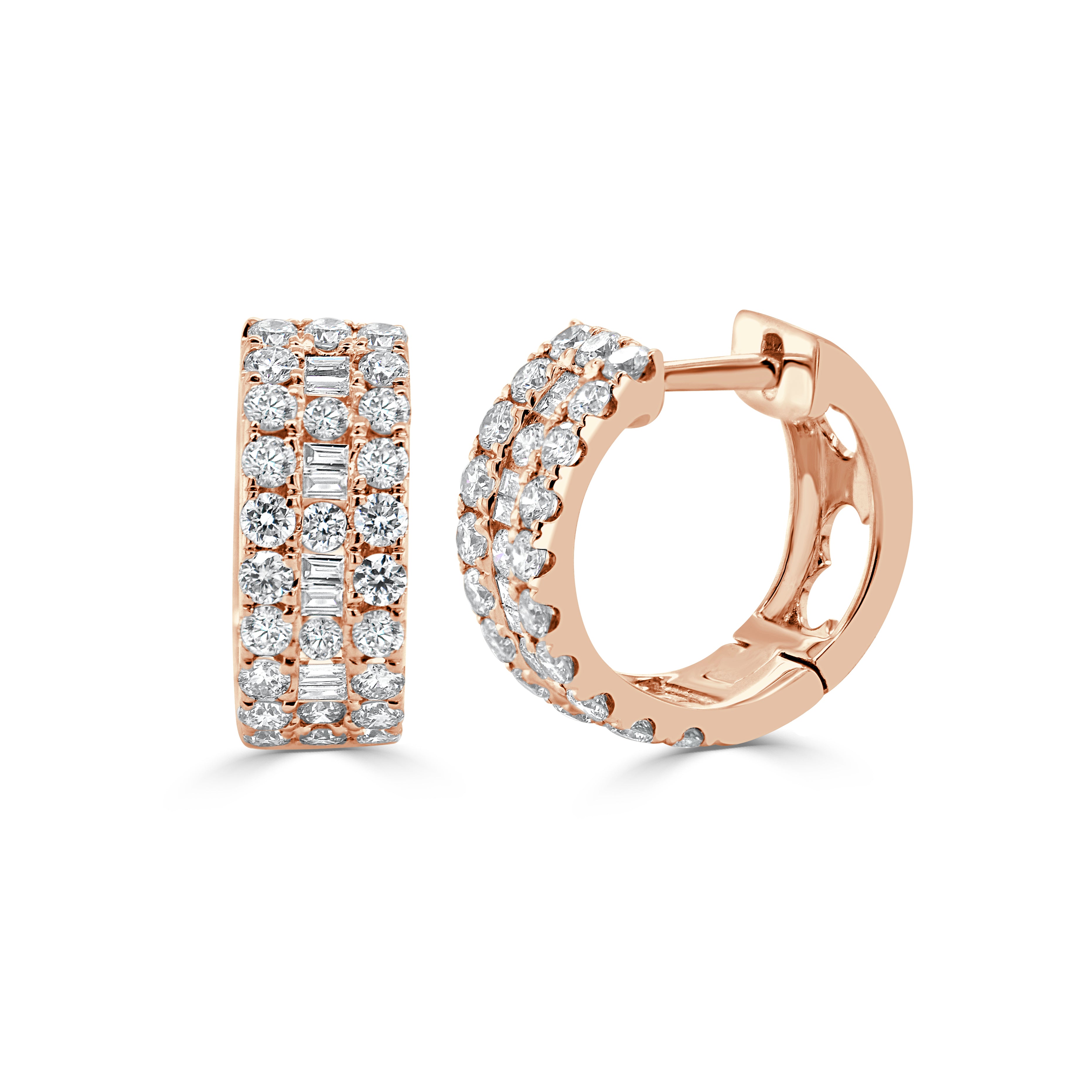 14K Gold Round & Baguette Diamond Huggie Earrings - 1.25ct