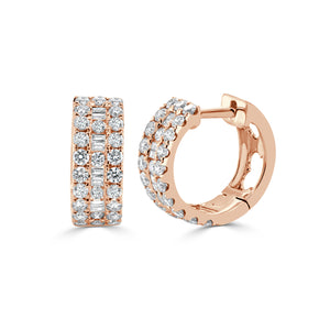 14K Gold Round & Baguette Diamond Huggie Earrings