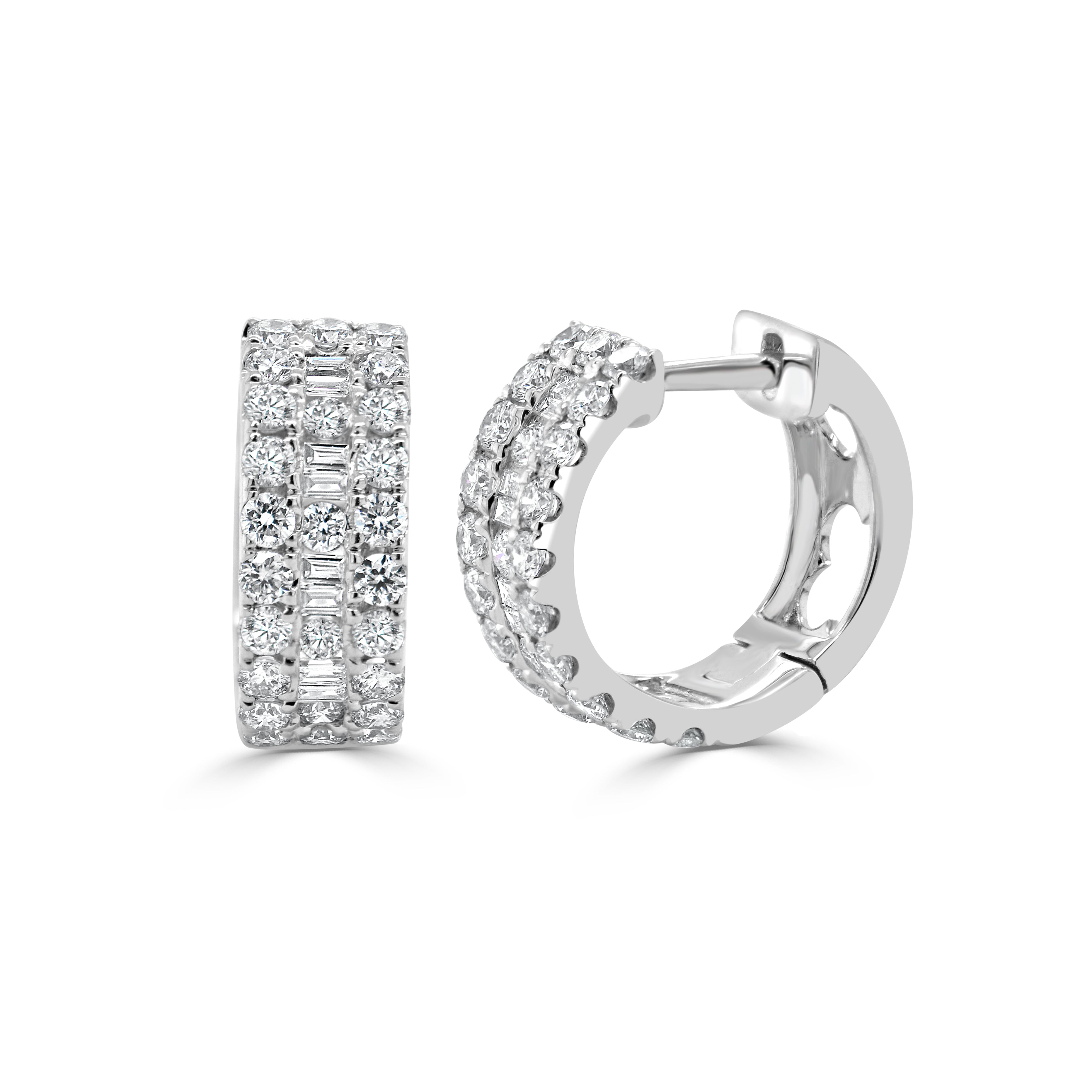 14K Gold Round & Baguette Diamond Huggie Earrings - 1.25ct