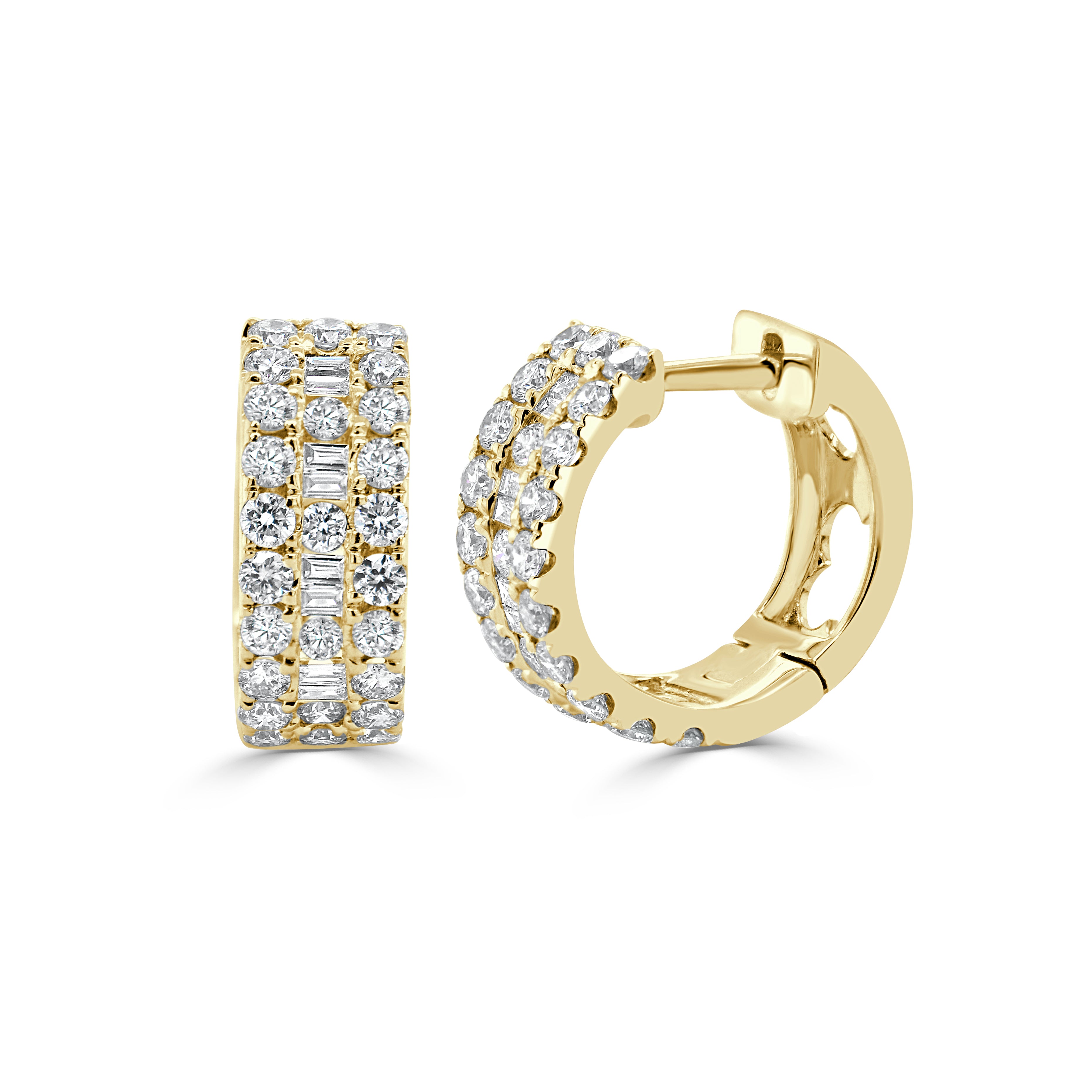 14K Gold Round & Baguette Diamond Huggie Earrings - 1.25ct