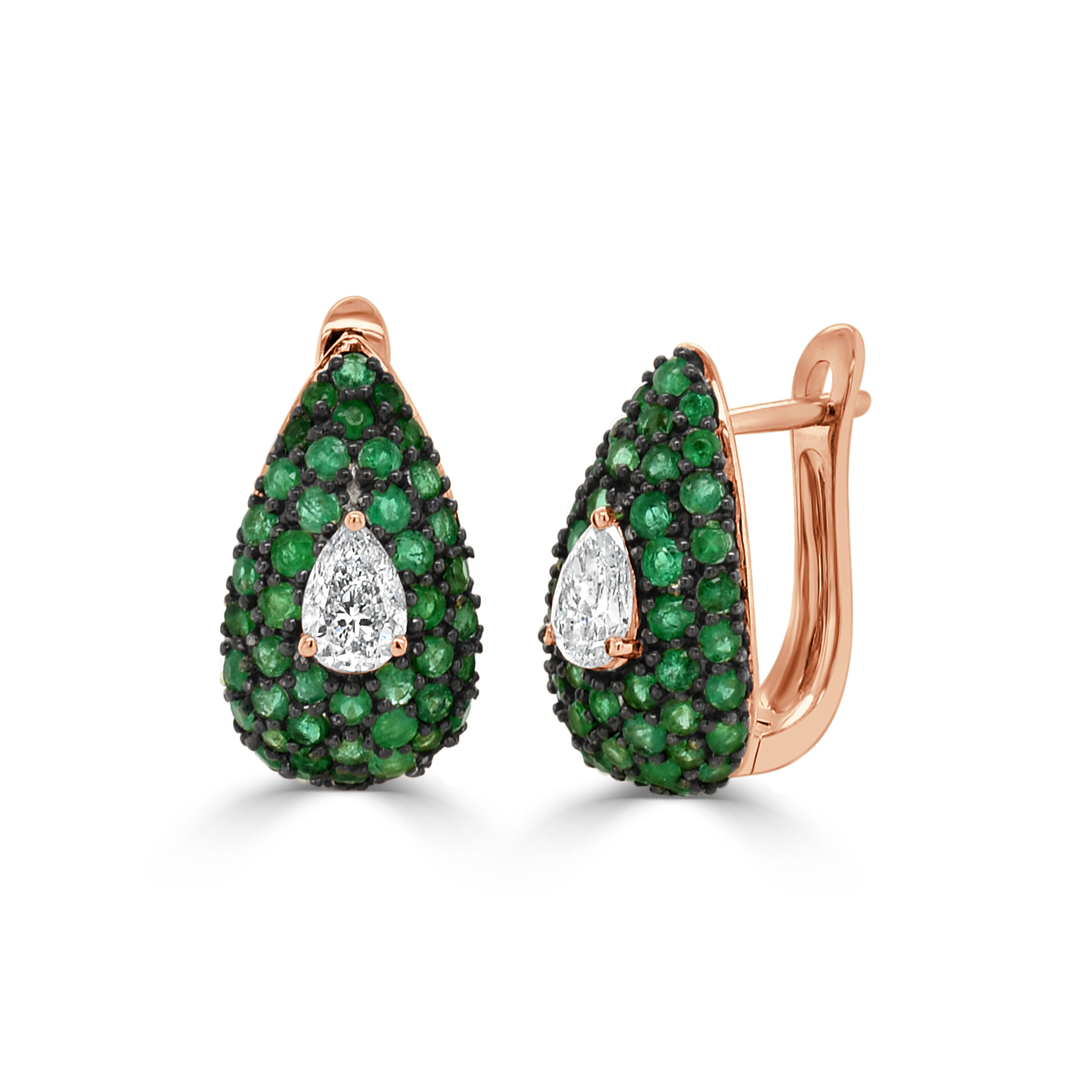 14K Gold Emerald & Pear Shape Diamond Huggie Earrings - 0.47 CT