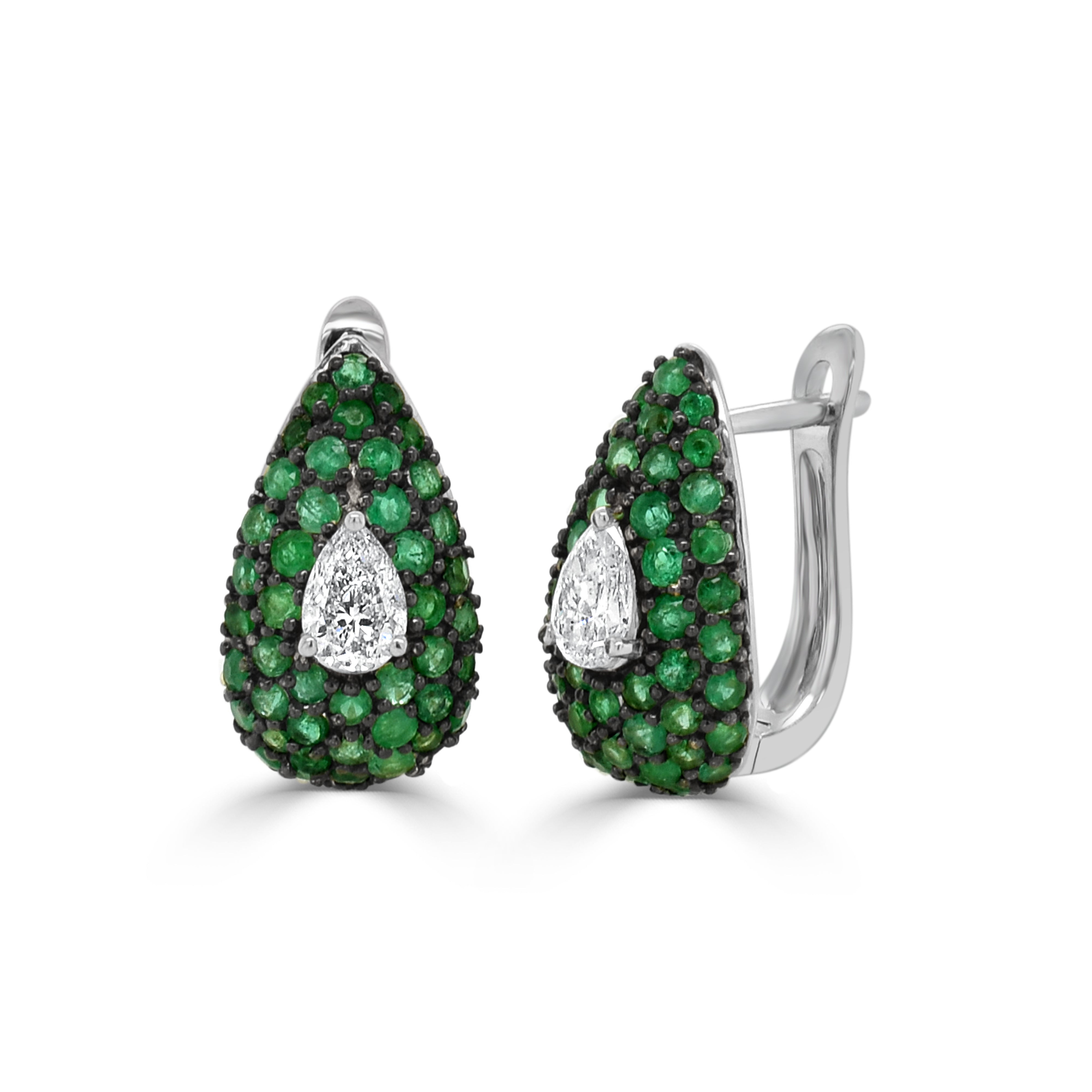 14K Gold Emerald & Pear Shape Diamond Huggie Earrings - 0.47 CT