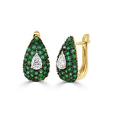 14K Gold Emerald & Pear Shape Diamond Huggie Earrings