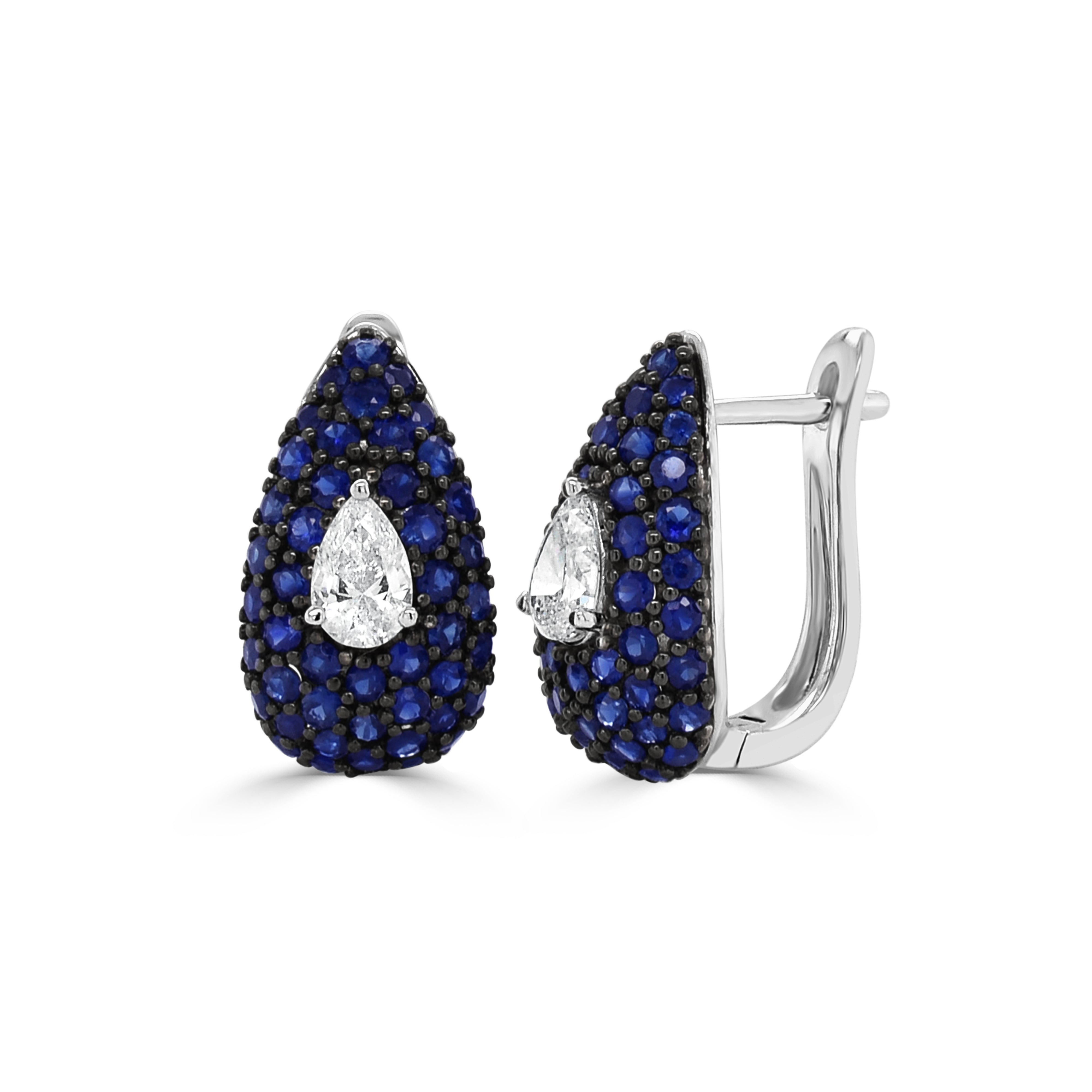 14K Gold Sapphire & Diamond Pear Shape Huggie Earring - 0.46 CT
