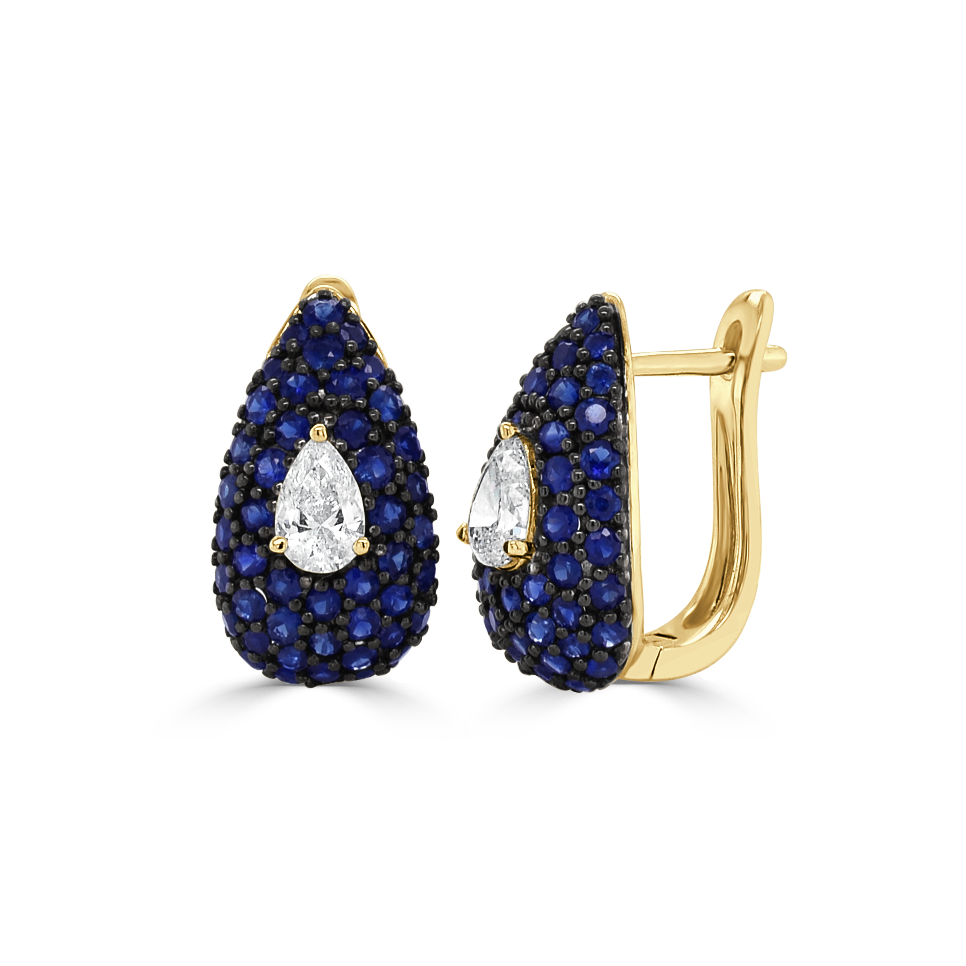 14K Gold Sapphire & Diamond Pear Shape Huggie Earring - 0.46 CT