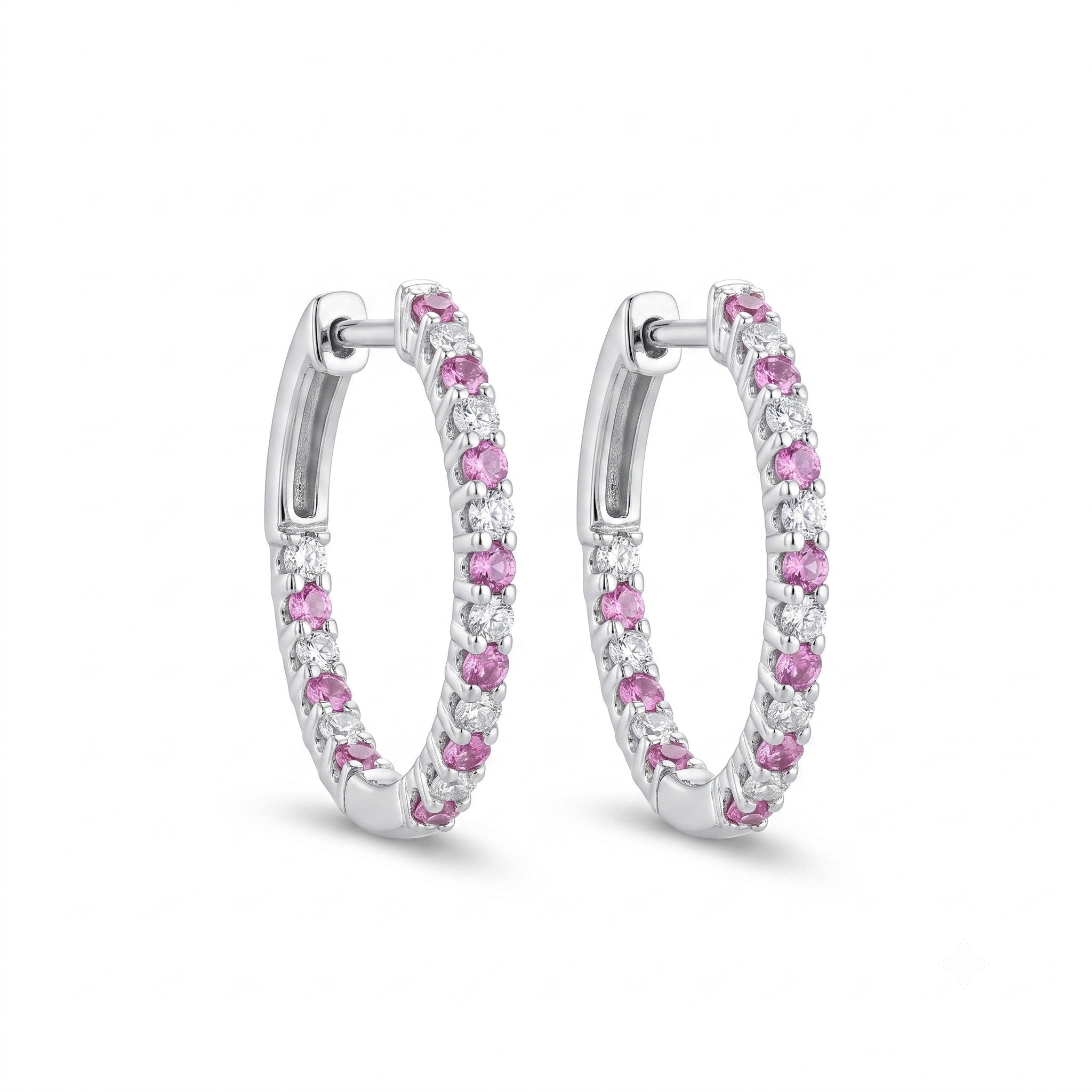 14K Gold Alternating Pink Sapphire & Diamond Hoop Earrings - 0.43 CT