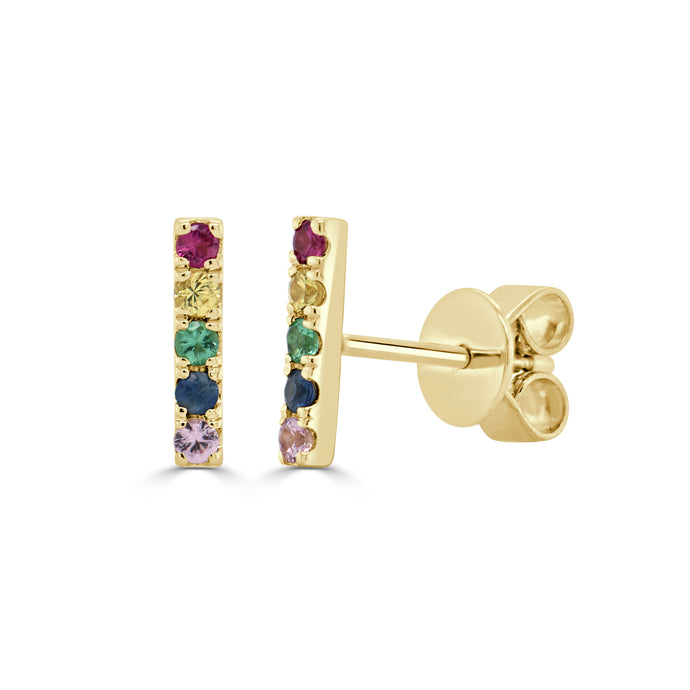 14K Gold & Rainbow Sapphire Bar Earrings