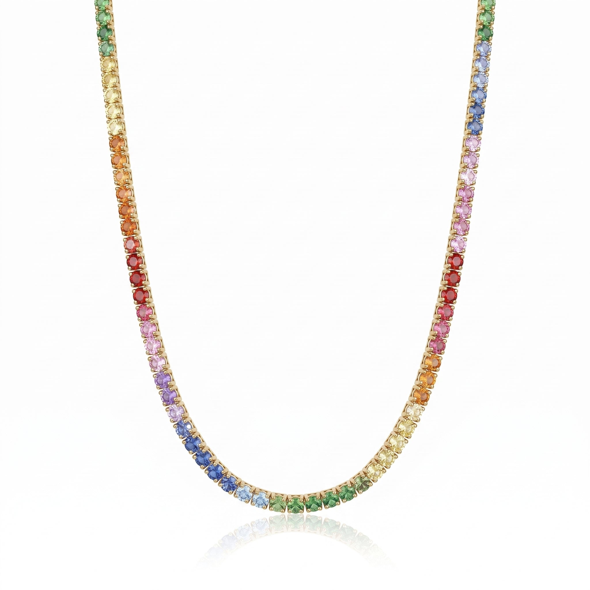 14K Gold Rainbow Pastel Sapphire Ombre Tennis Necklace - 9.87 CT