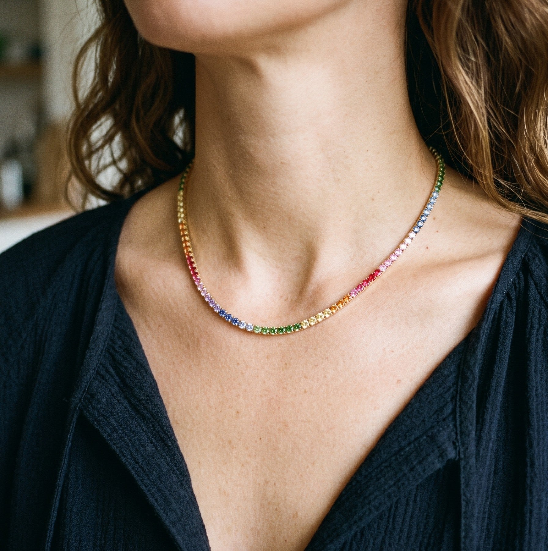 14K Gold Rainbow Pastel Sapphire Ombre Tennis Necklace - 9.87 CT