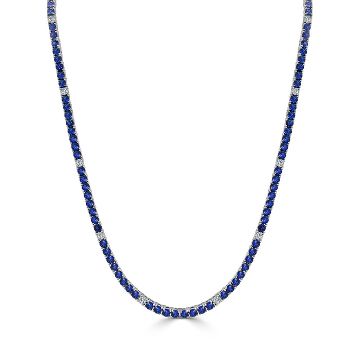 14K Gold Blue Sapphire & Diamond Tennis Necklace