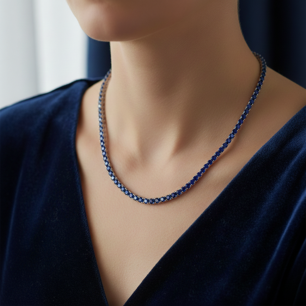 14k Gold & Blue Sapphire Tennis Necklace 10ct