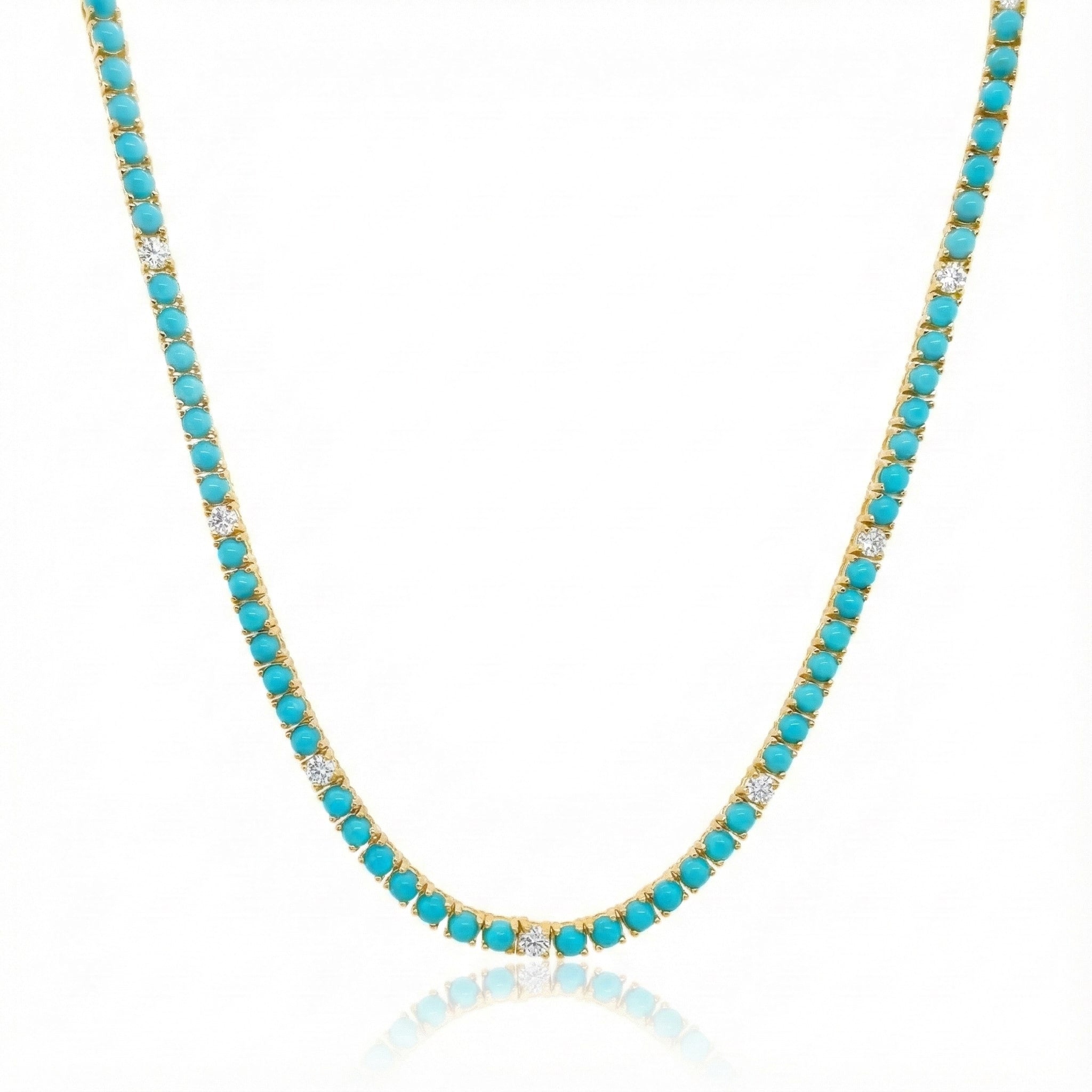 14K Gold Turquoise and Diamond Tennis Necklace