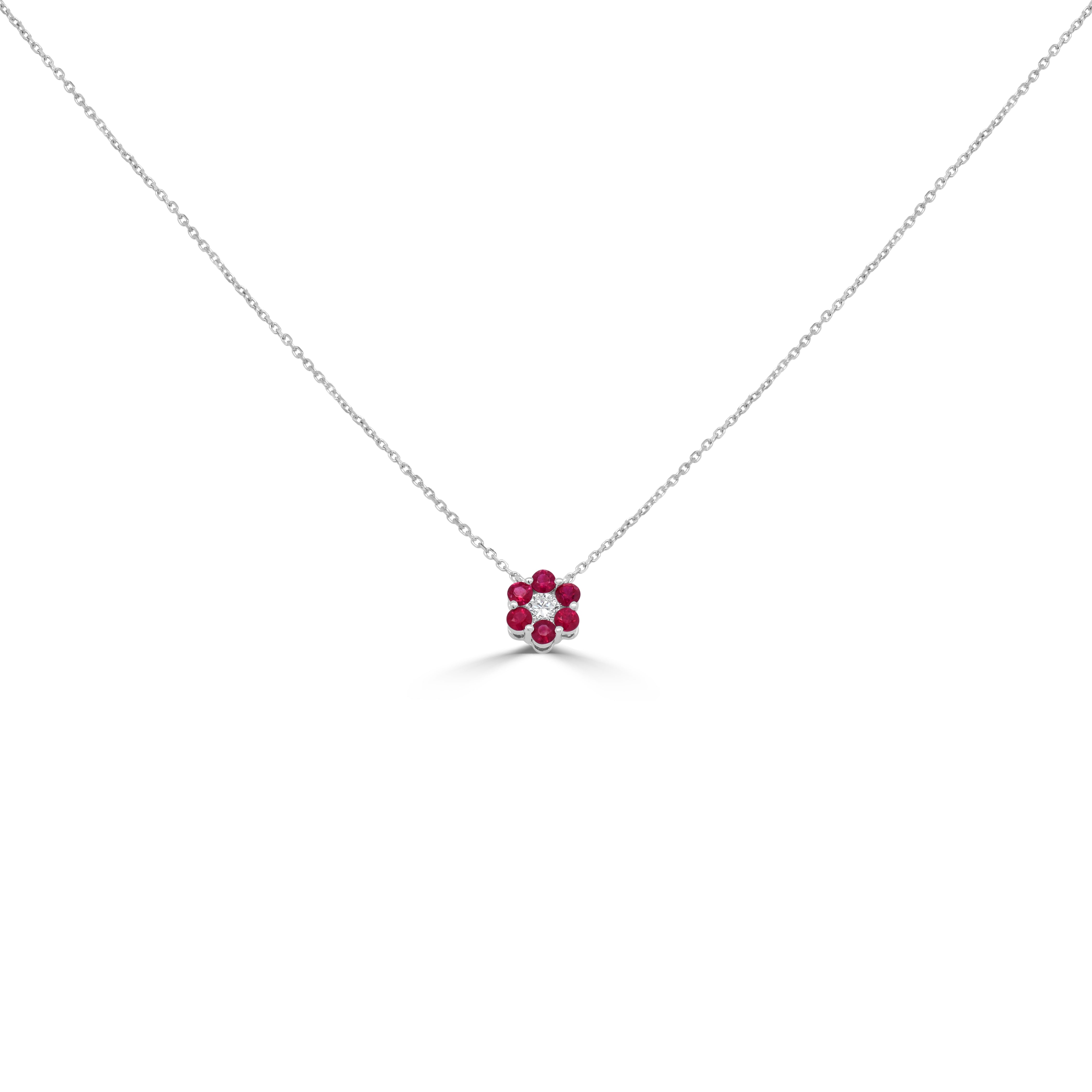 14K Gold Diamond & Ruby Flower Necklace - 0.17 CT