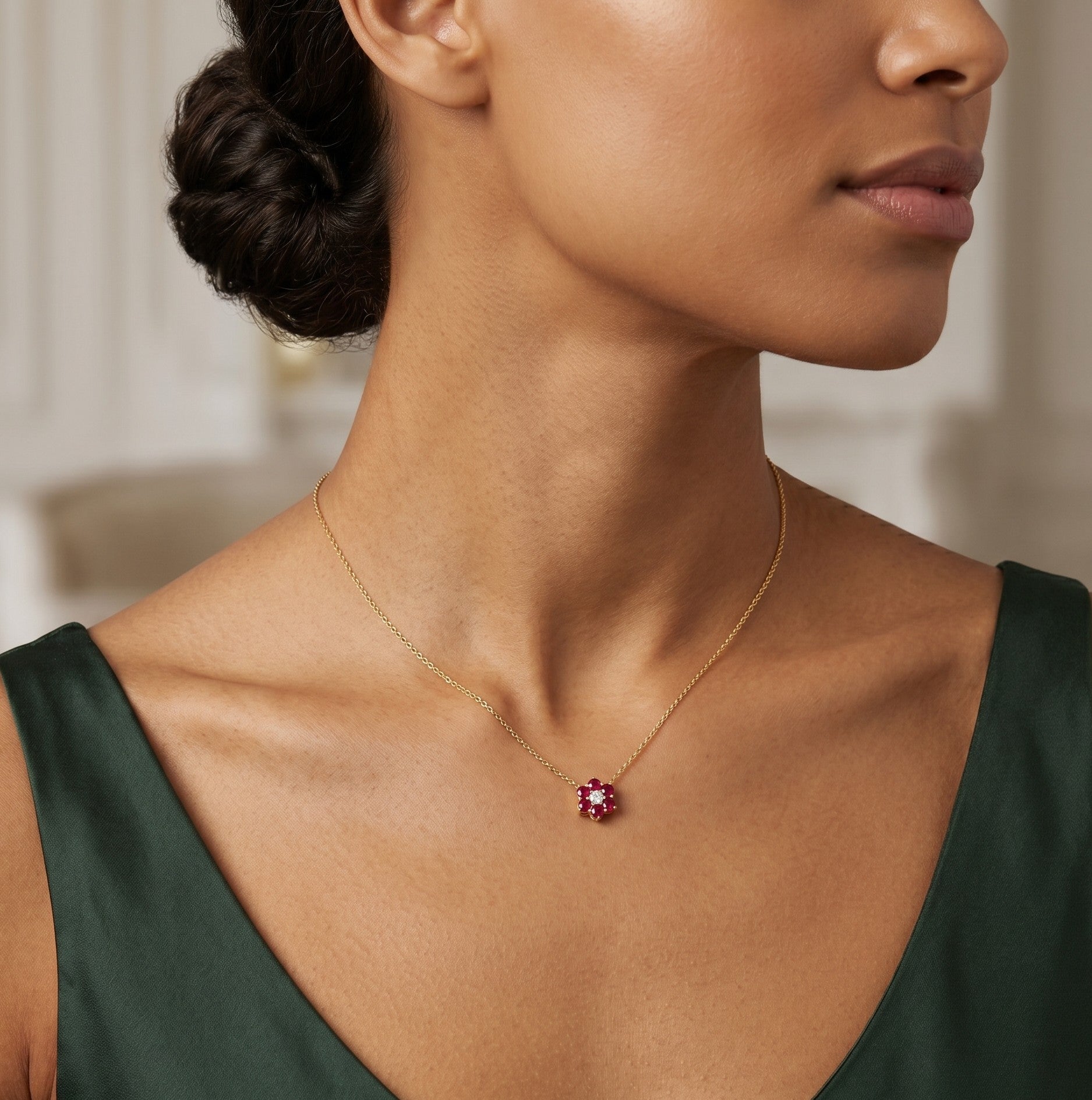 14K Gold Diamond & Ruby Flower Necklace - 0.17 CT