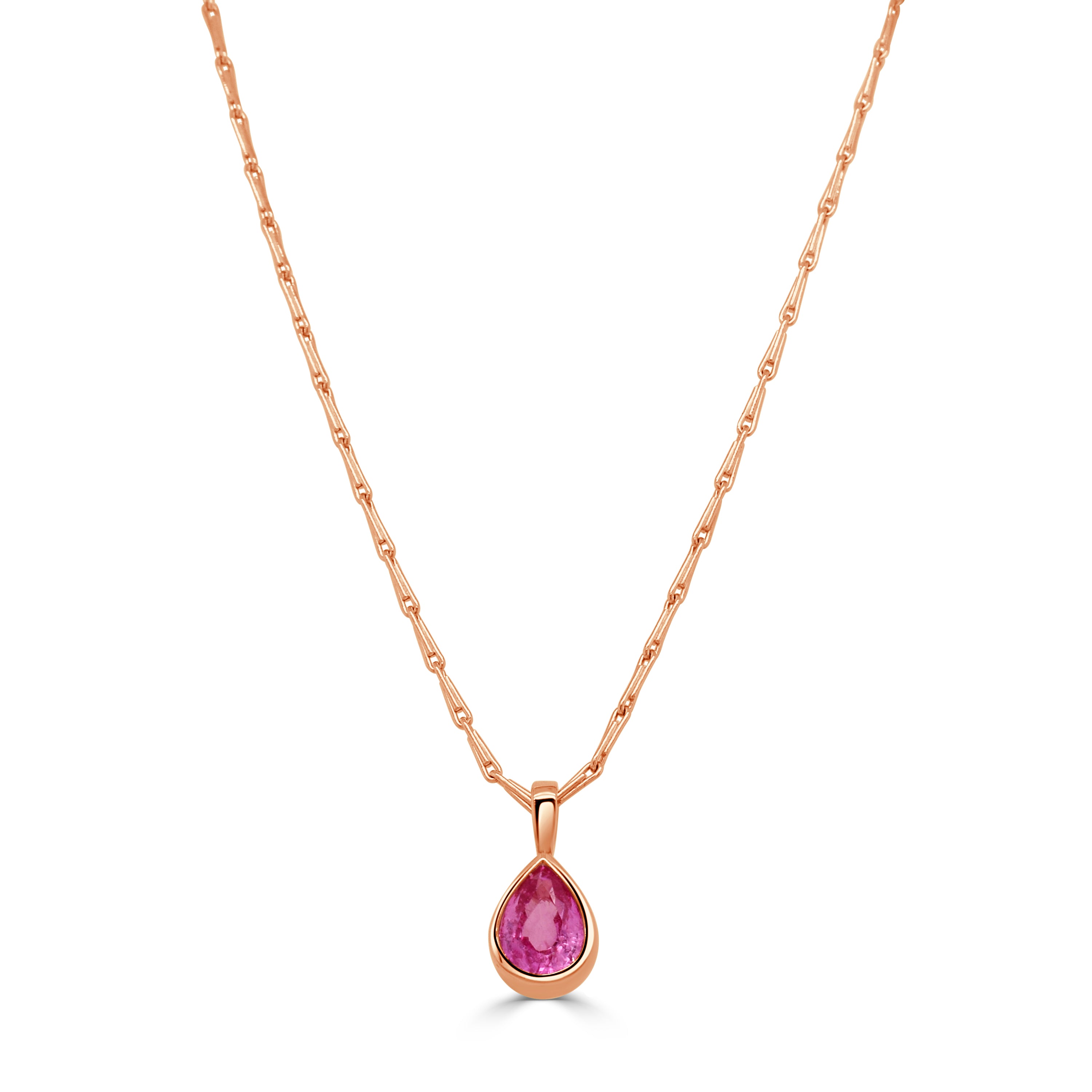14K Gold Pink Sapphire Pear Shape Bezel Pendant Necklace - 1.47 CT